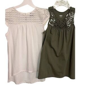 Old Navy Girls Crochet Top Bundle Sleeveless Cap Sleeve White, Green Large‎ EUC
